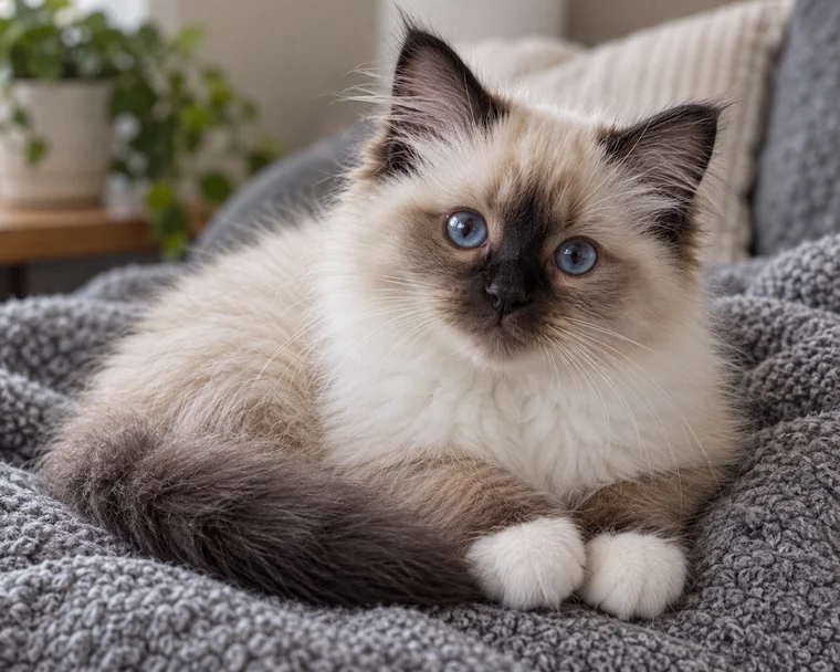 파란 눈과 흰 발의 긴 털 고양이