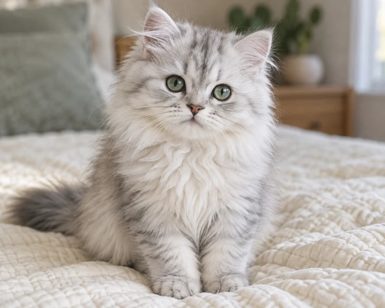 은빛 긴 털과 초록 눈의 고양이